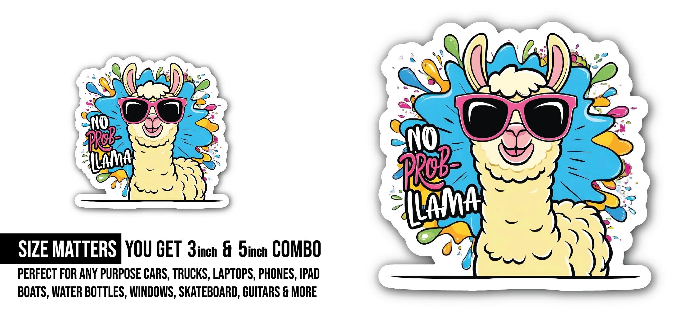 No Problem Llama Sticker, Waterproof Vinyl Decal Sticker Indoor Or Outdoor 2 (Pieces) 3" and 5"