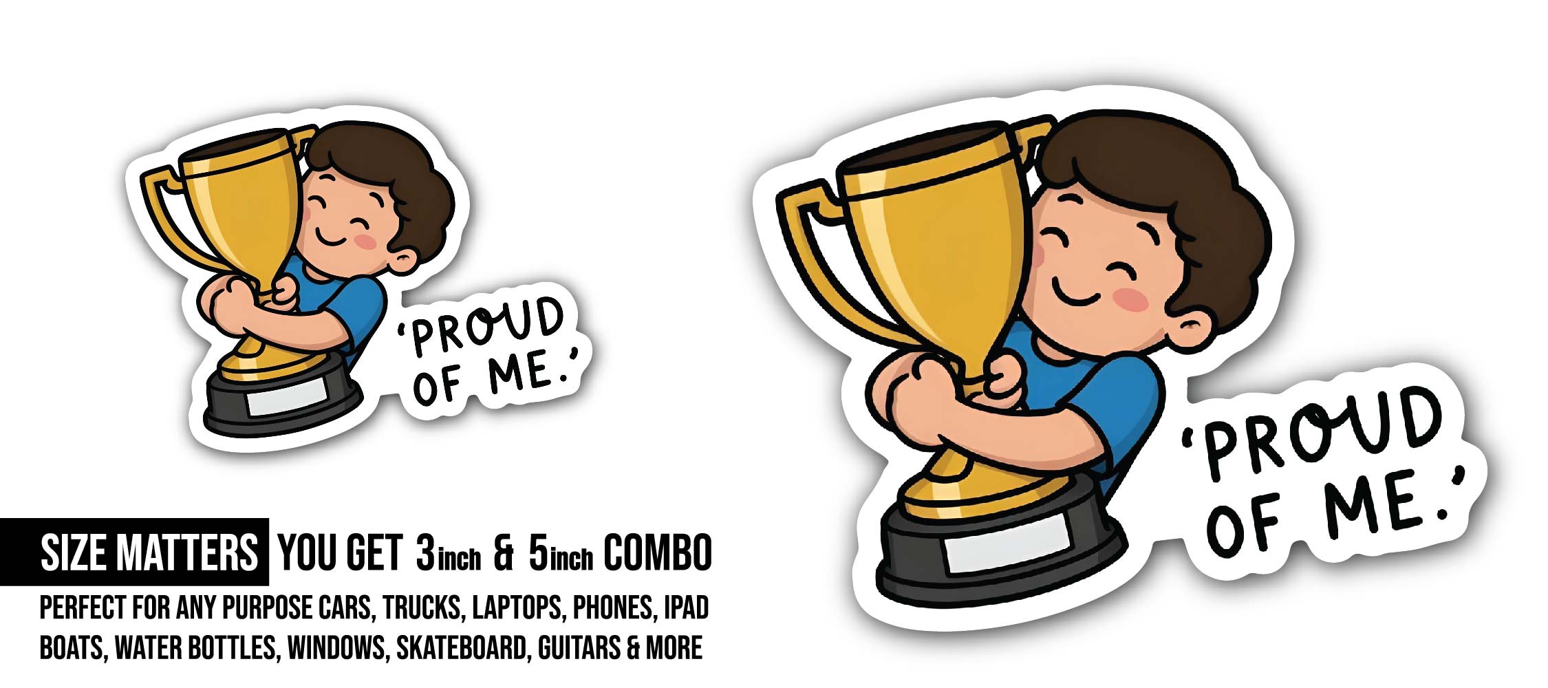 Cute Boy Holding Gold Trophy Cartoon Sticker, Waterproof Vinyl Decal Sticker Indoor Or Outdoor 2 (Pieces) 3" and 5"