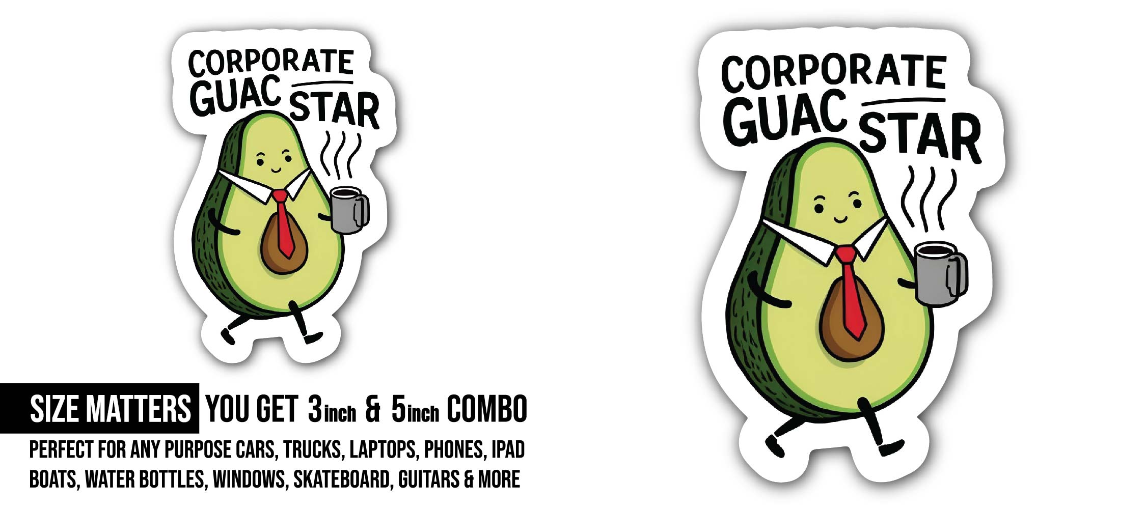 Corporate Guac Star, Avocado Sticker, Waterproof Vinyl Decal Sticker Indoor Or Outdoor 2 (Pieces) 3" and 5"