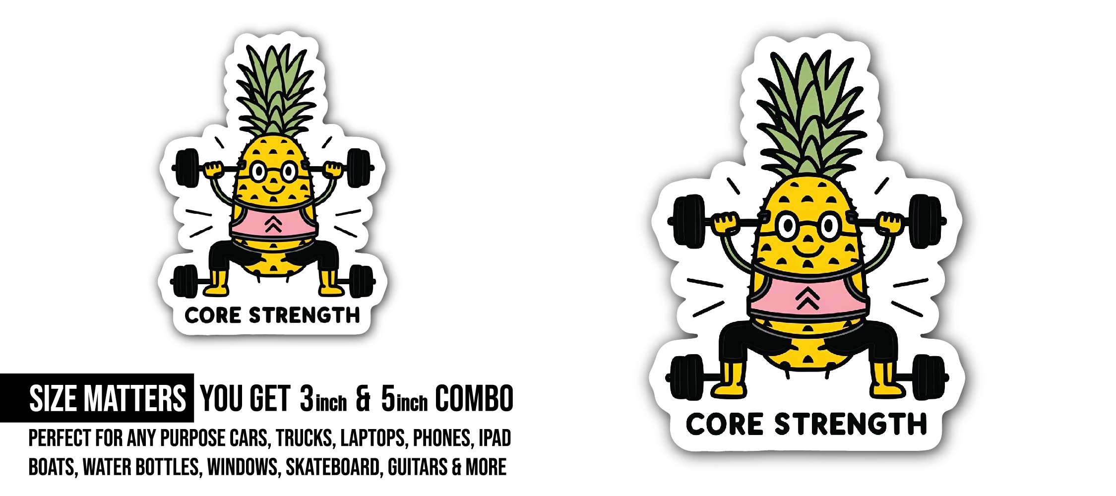 Weightlifting Pineapple Sticker, Waterproof Vinyl Decal Sticker Indoor Or Outdoor 2 (Pieces) 3" and 5"