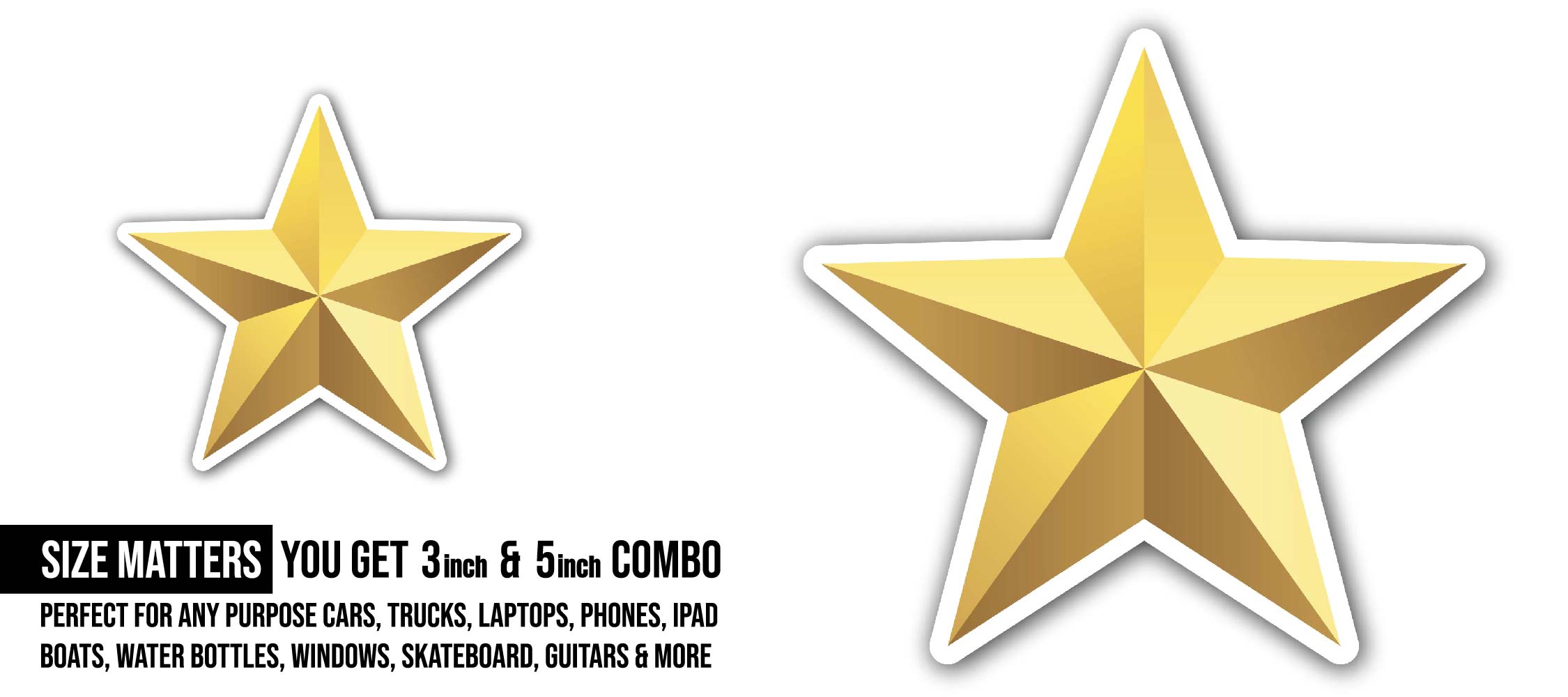 Golden Star Sticker, Waterproof Vinyl Decal Sticker Indoor Or Outdoor 2 (Pieces) 3" and 5"