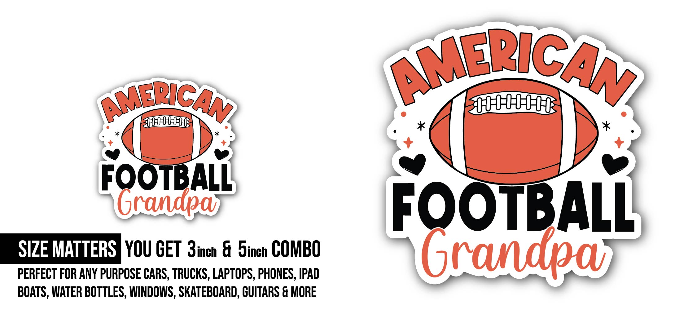 American Football Grandpa Sticker, Waterproof Vinyl Decal Sticker Indoor Or Outdoor 2 (Pieces) 3" and 5"