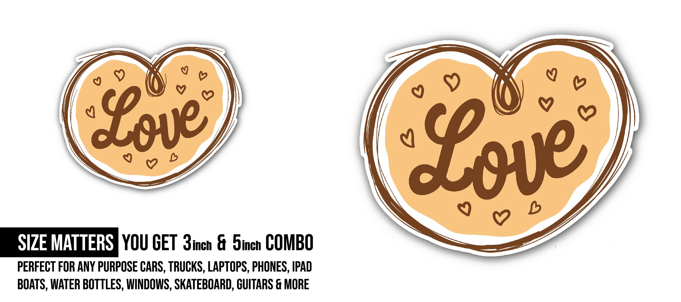 Brown Hart and Love Text Sticker, Waterproof Vinyl Decal Sticker Indoor Or Outdoor 2 (Pieces) 3" and 5"