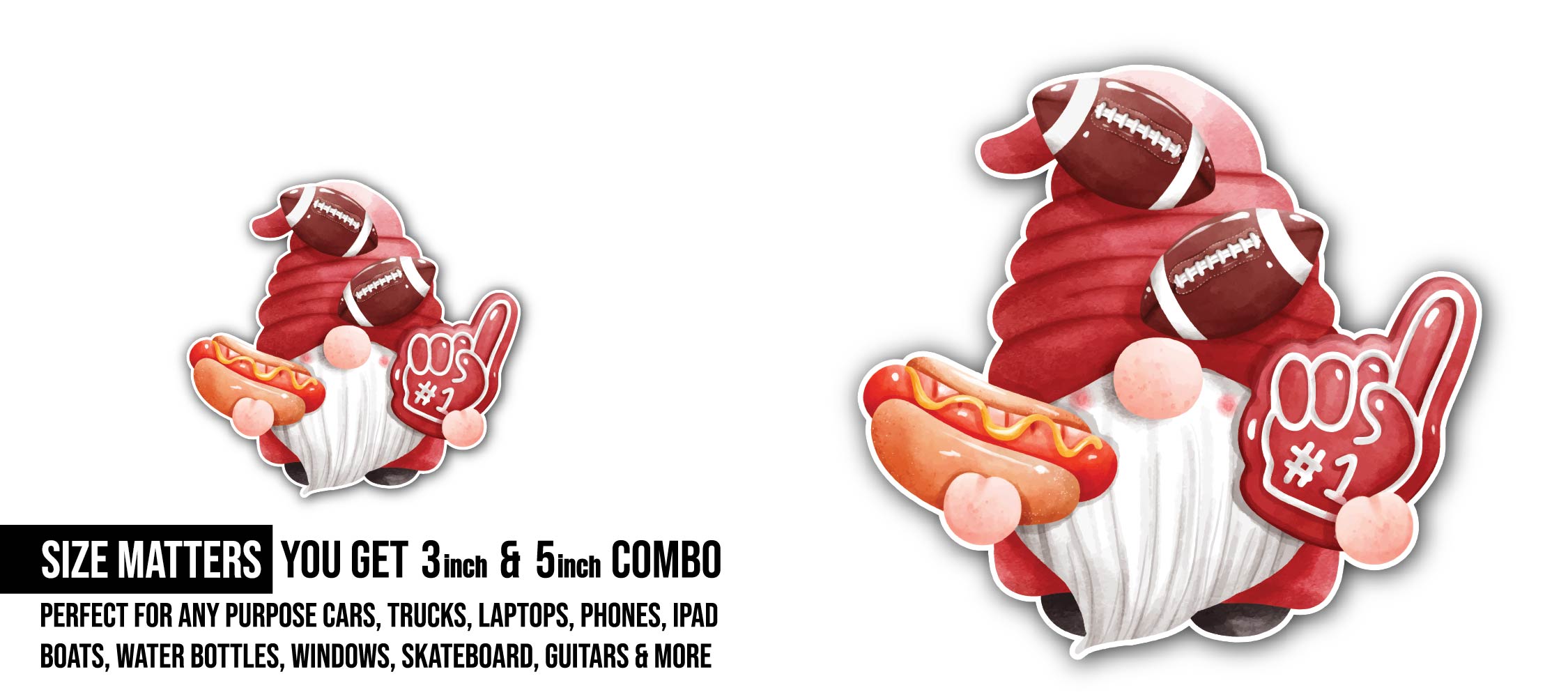 Funny Game Day Football Red Gnome Sticker, Waterproof Vinyl Decal Sticker Indoor Or Outdoor 2 (Pieces) 3" and 5"