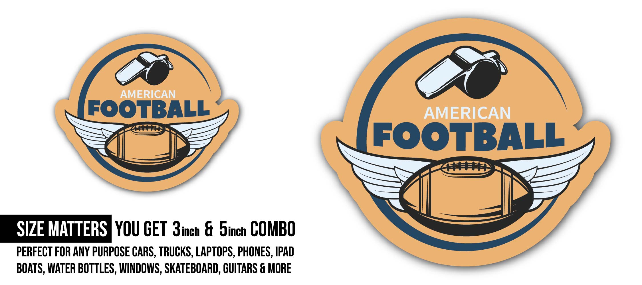 Whistle and Wings Football Sticker, Waterproof Vinyl Decal Sticker Indoor Or Outdoor 2 (Pieces) 3" and 5"