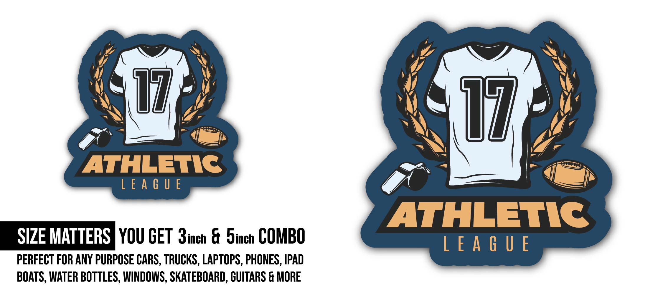 Athletic League 17 logo Sticker, Waterproof Vinyl Decal Sticker Indoor Or Outdoor 2 (Pieces) 3" and 5"