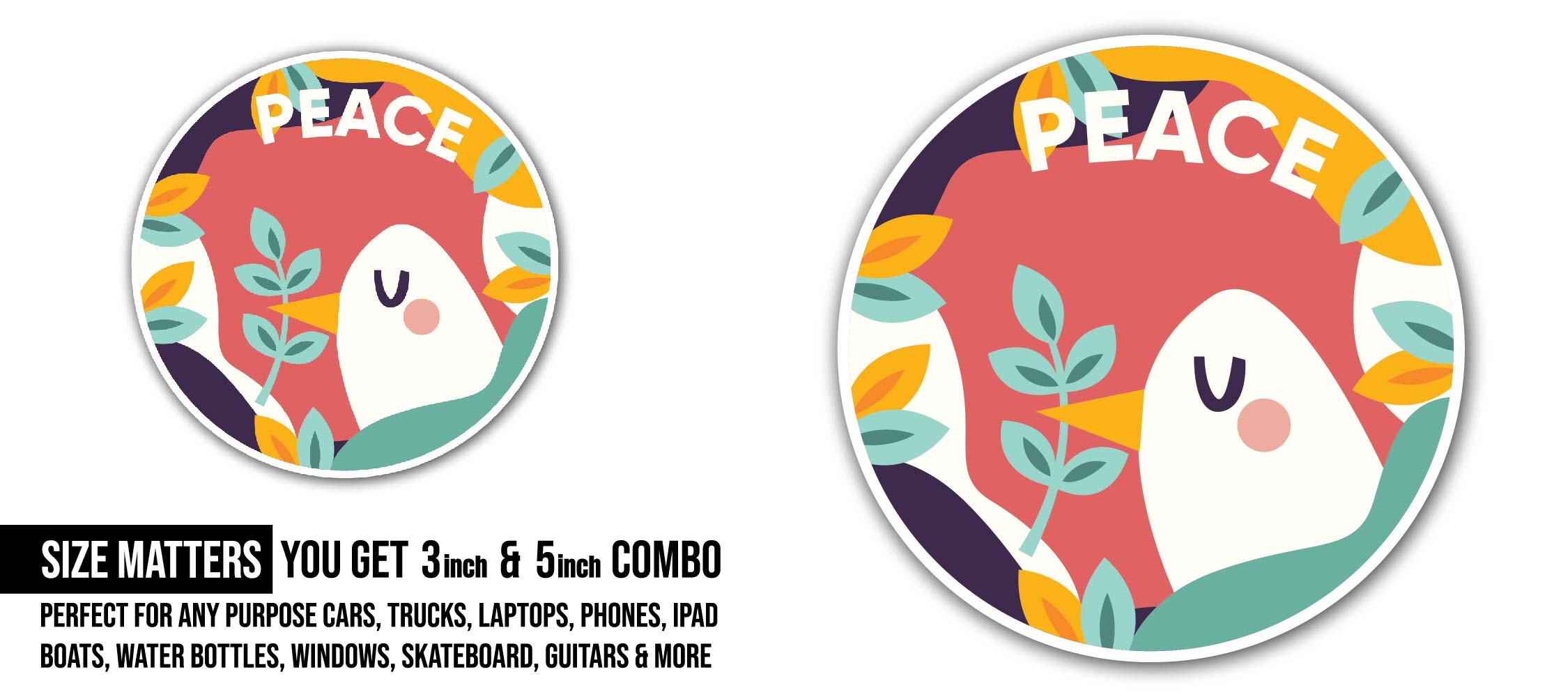 Peace Circle Sticker, Waterproof Vinyl Decal Sticker Indoor Or Outdoor 2 (Pieces) 3" and 5"