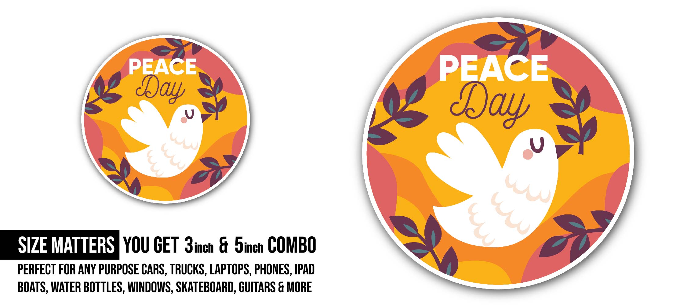 Dove of Peace Sticker, Waterproof Vinyl Decal Sticker Indoor Or Outdoor 2 (Pieces) 3" and 5"