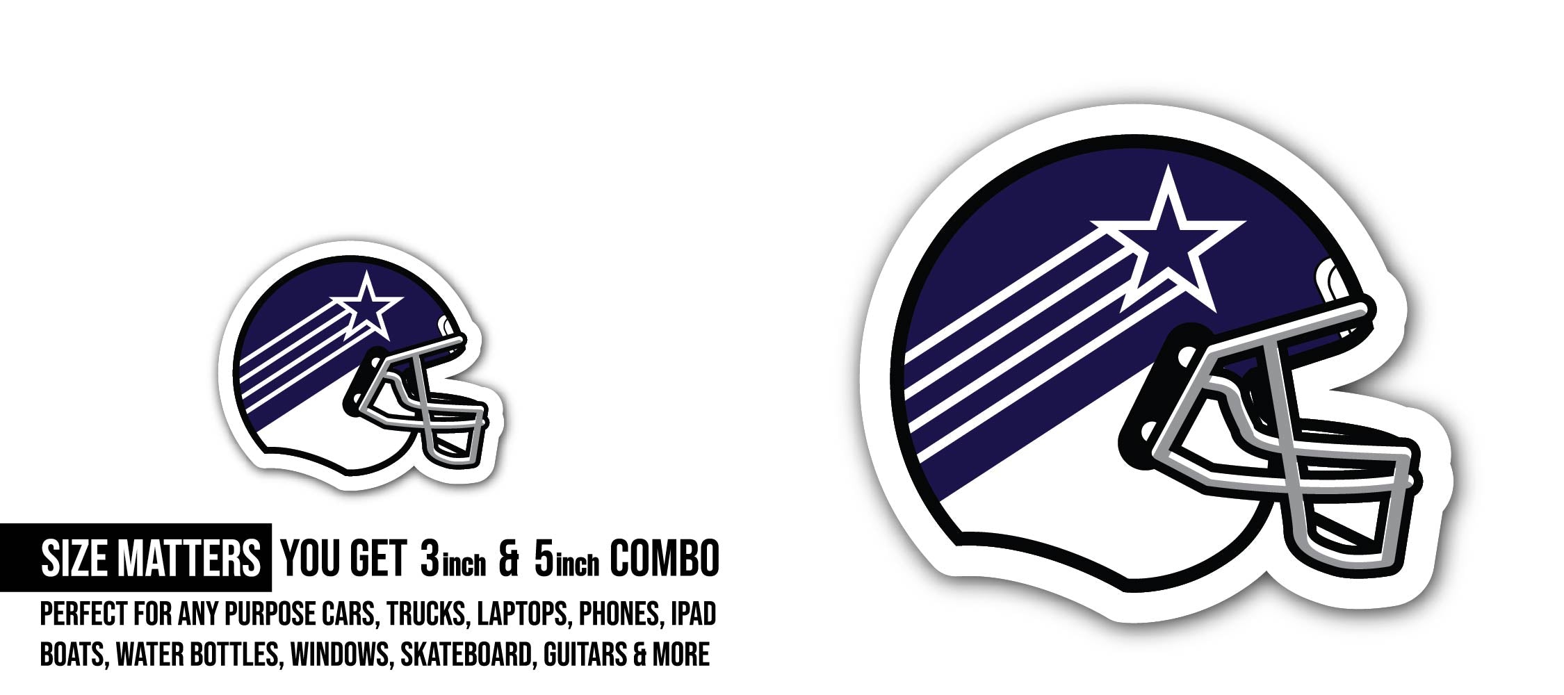 Dallas Cowboys Helmet Sticker, Waterproof Vinyl Decal Sticker Indoor Or Outdoor 2 (Pieces) 3" and 5"