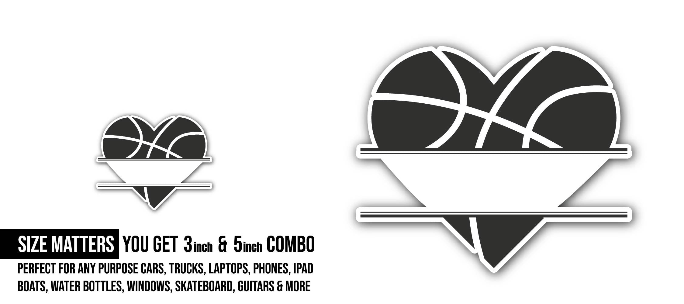 Basketball Heart Sticker, Waterproof Vinyl Decal Sticker Indoor Or Outdoor 2 (Pieces) 3" and 5"