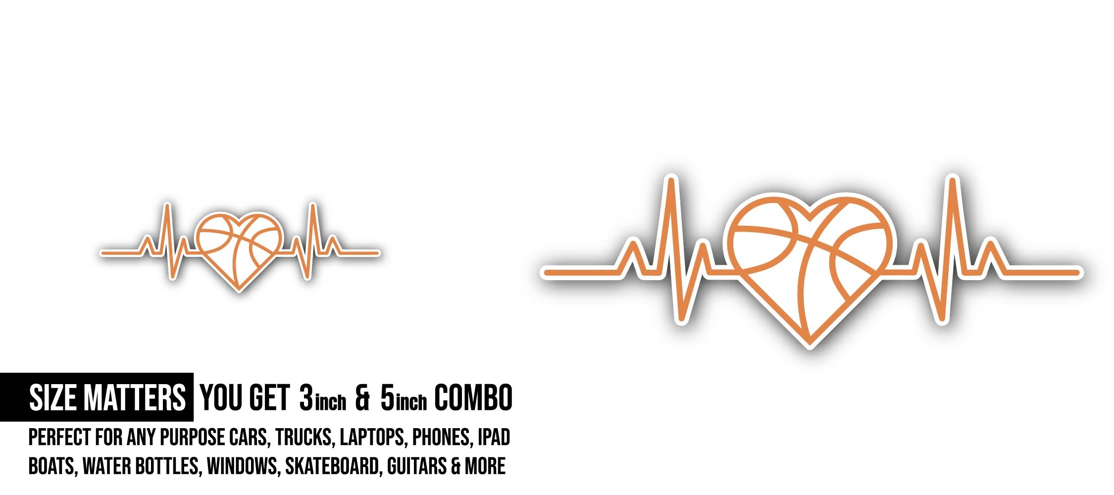 Basketball Heartbeat Sticker, Waterproof Vinyl Decal Sticker Indoor Or Outdoor 2 (Pieces) 3" and 5"