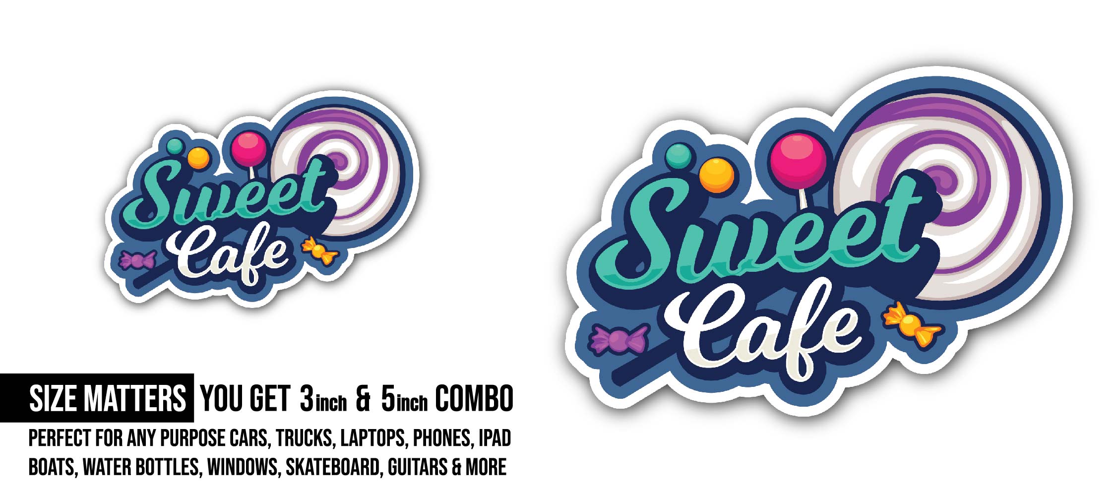 Sweet Cafe Sticker, Waterproof Vinyl Decal Sticker Indoor Or Outdoor 2 (Pieces) 3" and 5"