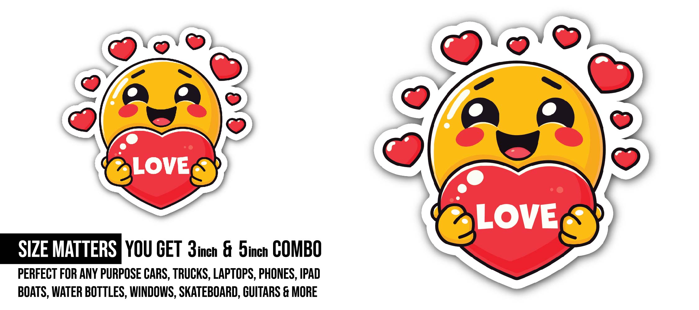 Smiling emoji holding heart Sticker, Waterproof Vinyl Decal Sticker Indoor Or Outdoor 2 (Pieces) 3" and 5"