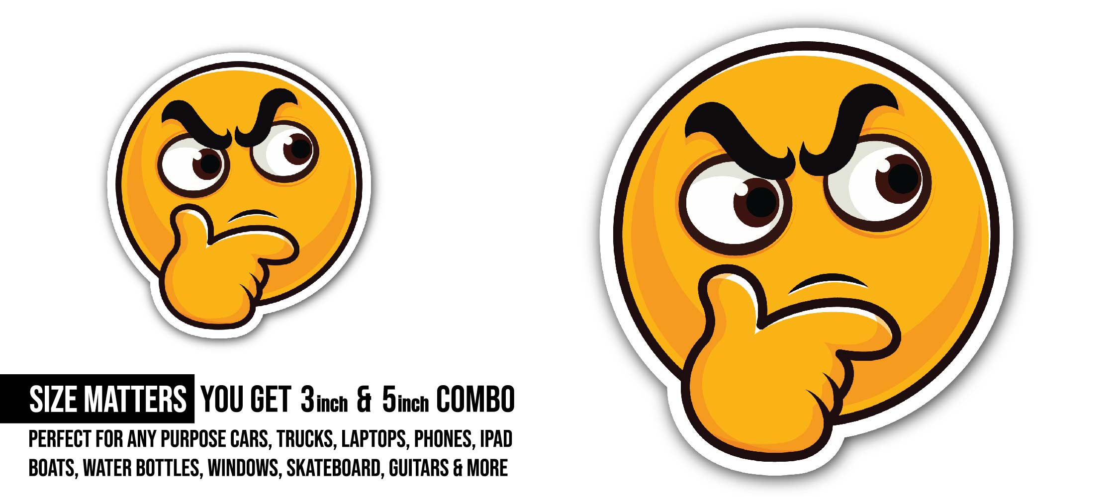 Thinking Face Emoji Sticker, Waterproof Vinyl Decal Sticker Indoor Or Outdoor 2 (Pieces) 3" and 5"