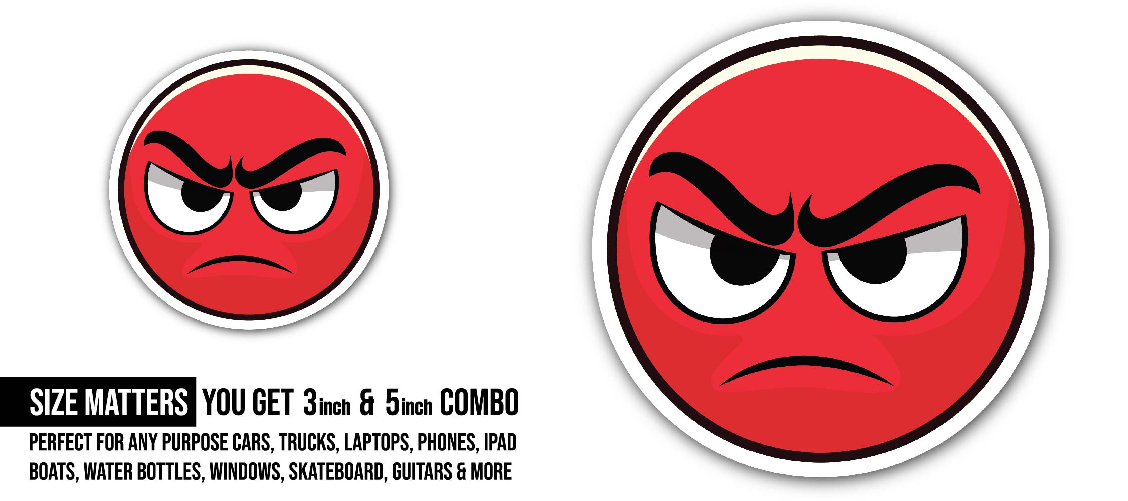 Angry Face Emoji Sticker, Waterproof Vinyl Decal Sticker Indoor Or Outdoor 2 (Pieces) 3" and 5"