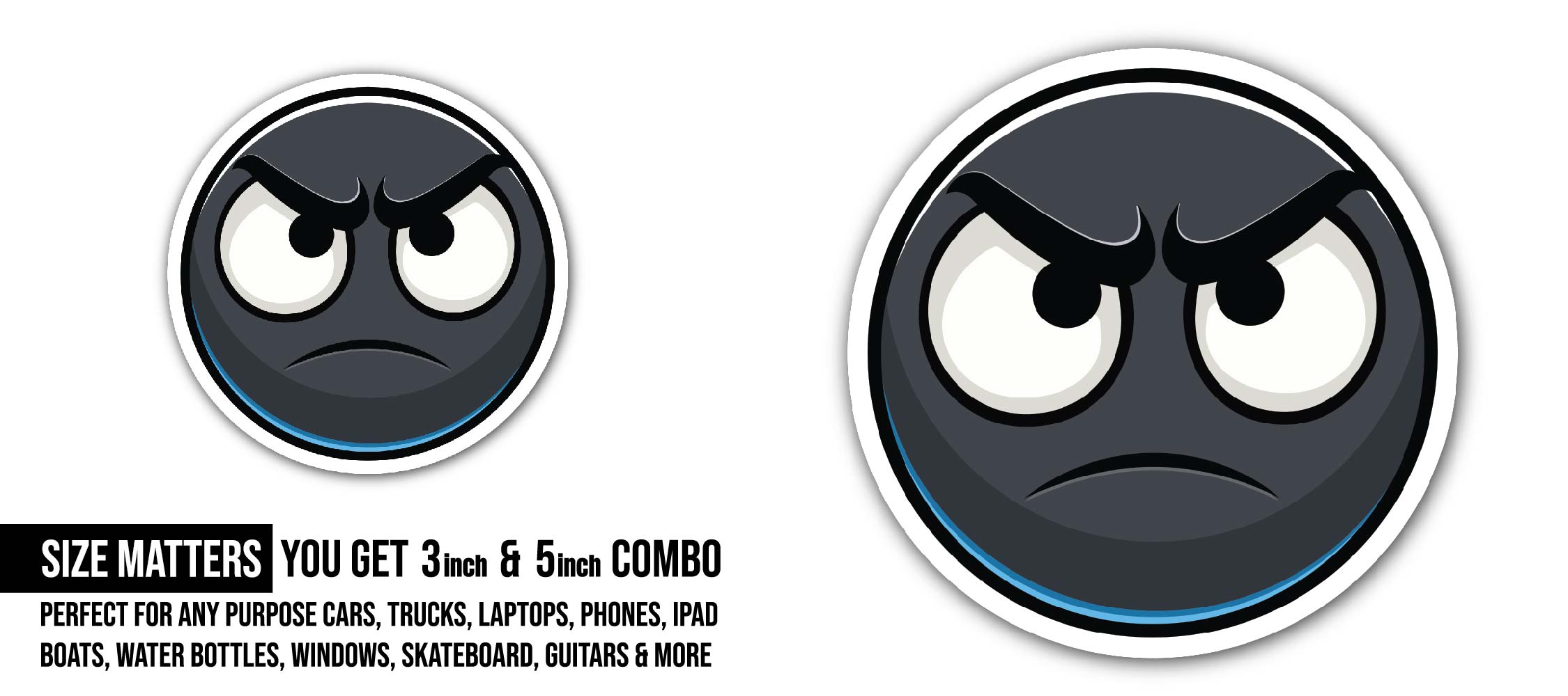 Black Angry Face Emoji Sticker, Waterproof Vinyl Decal Sticker Indoor Or Outdoor 2 (Pieces) 3" and 5"