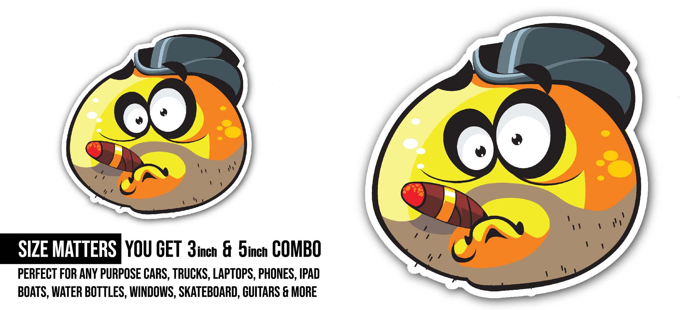 Smokey emoji Sticker, Waterproof Vinyl Decal Sticker Indoor Or Outdoor 2 (Pieces) 3" and 5"