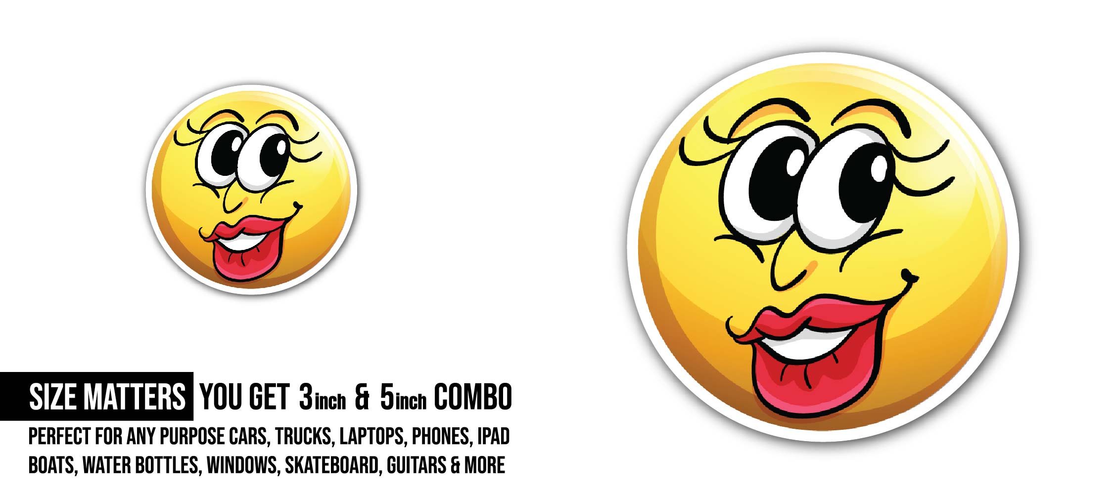 Happy face on yellow ball Sticker, Waterproof Vinyl Decal Sticker Indoor Or Outdoor 2 (Pieces) 3" and 5"