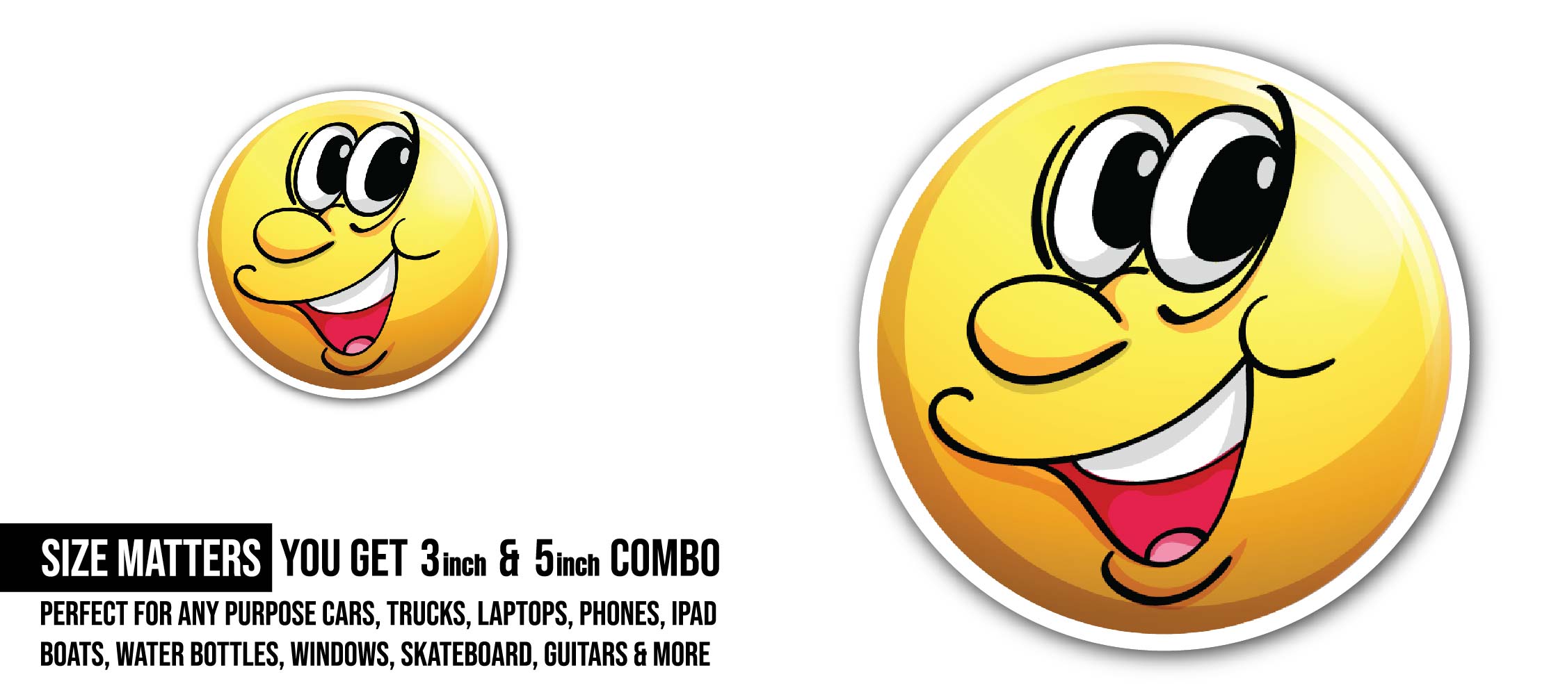 Yellow Happy face Sticker, Waterproof Vinyl Decal Sticker Indoor Or Outdoor 2 (Pieces) 3" and 5"