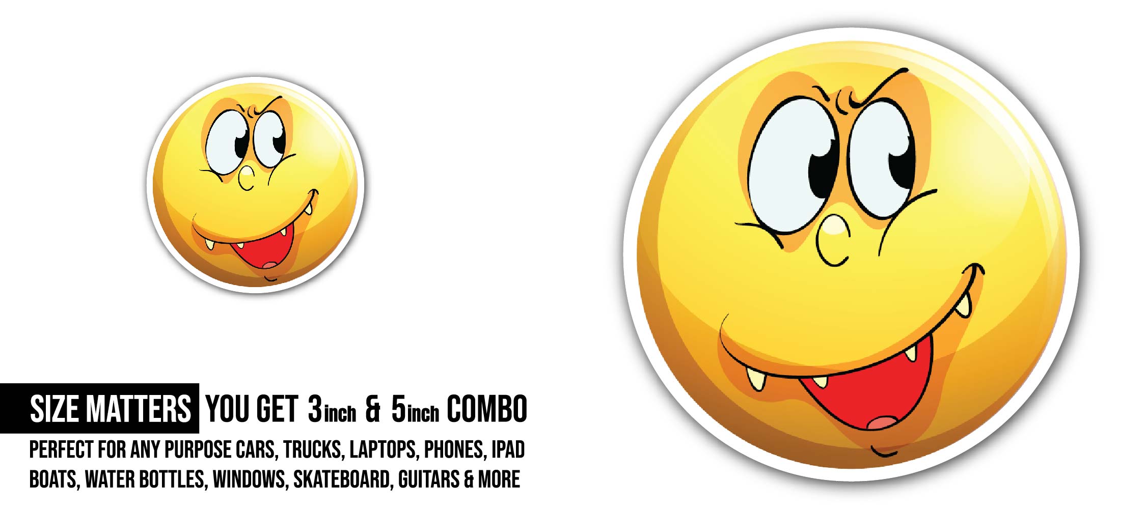 Silly Face on Yellow Badge Sticker, Waterproof Vinyl Decal Sticker Indoor Or Outdoor 2 (Pieces) 3" and 5"