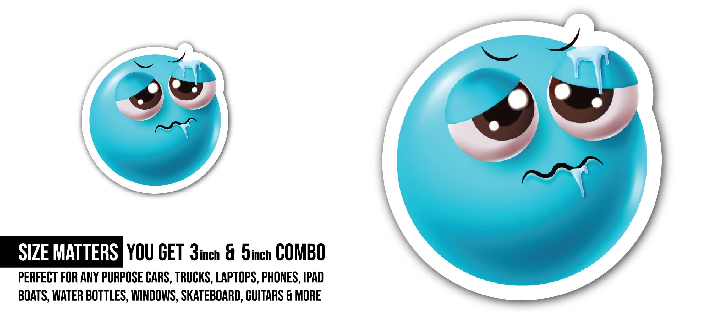 Sleepy Blue face Sticker, Waterproof Vinyl Decal Sticker Indoor Or Outdoor 2 (Pieces) 3" and 5"