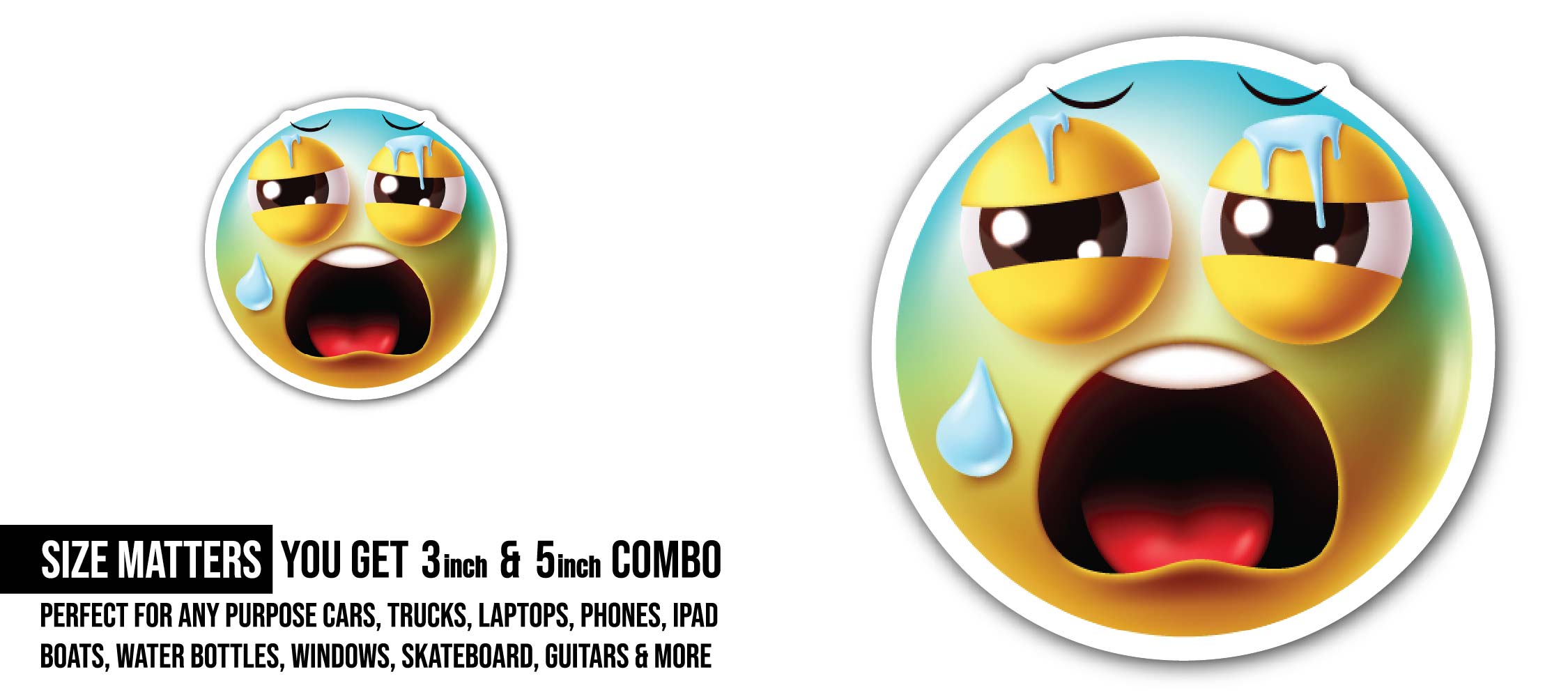 Crying Emoji Sticker, Waterproof Vinyl Decal Sticker Indoor Or Outdoor 2 (Pieces) 3" and 5"