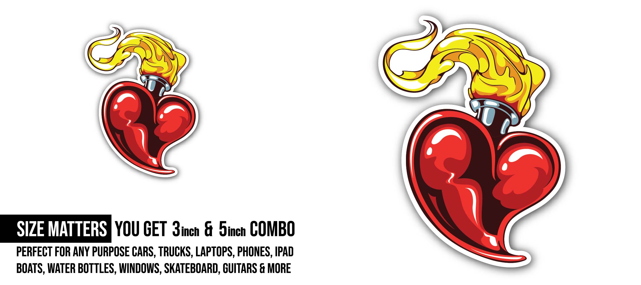 Burning Heart Sticker, Waterproof Vinyl Decal Sticker Indoor Or Outdoor 2 (Pieces) 3" and 5"