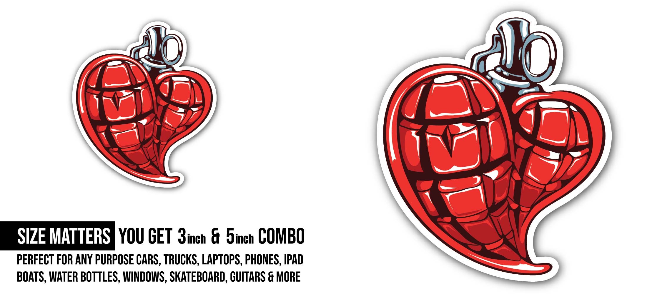 Heart With Knife Sticker, Waterproof Vinyl Decal Sticker Indoor Or Outdoor 2 (Pieces) 3" and 5"