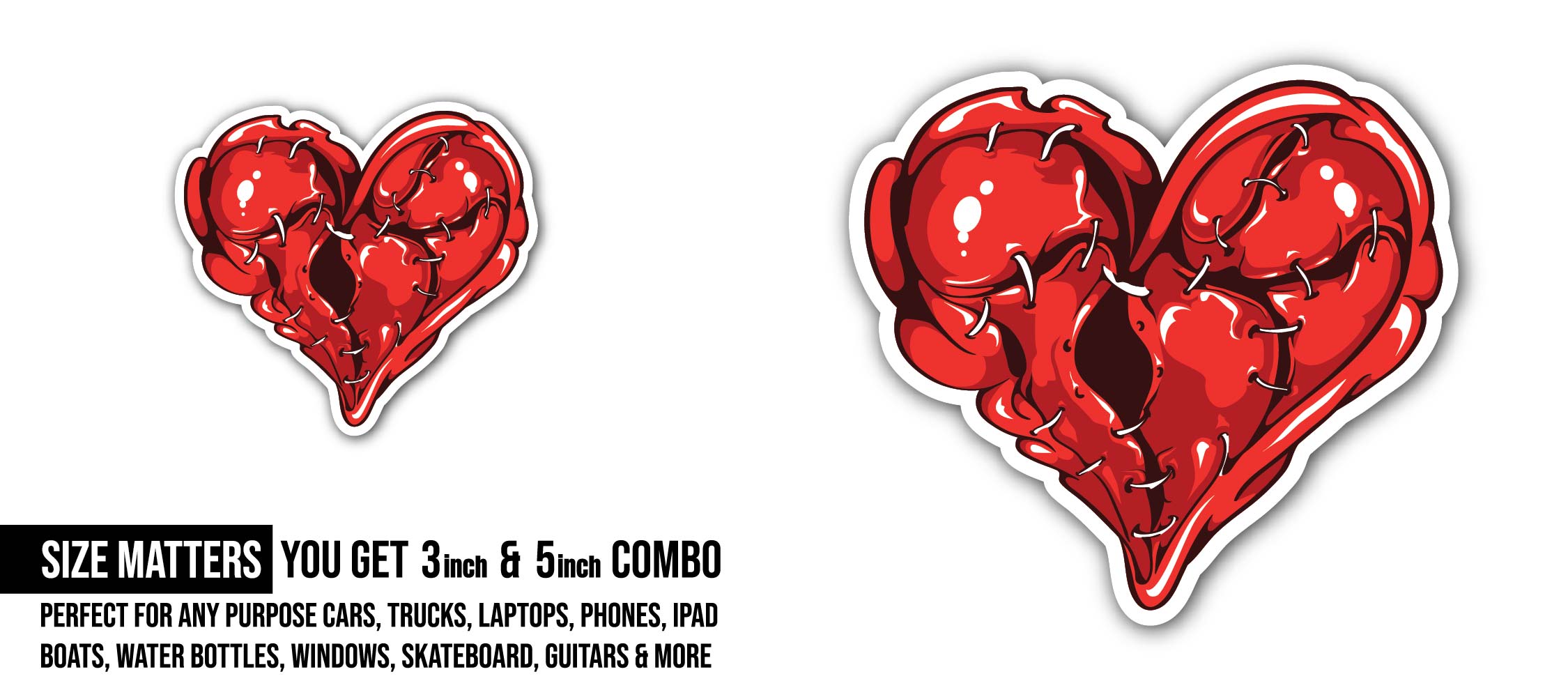 Mended Heart Sticker, Waterproof Vinyl Decal Sticker Indoor Or Outdoor 2 (Pieces) 3" and 5"