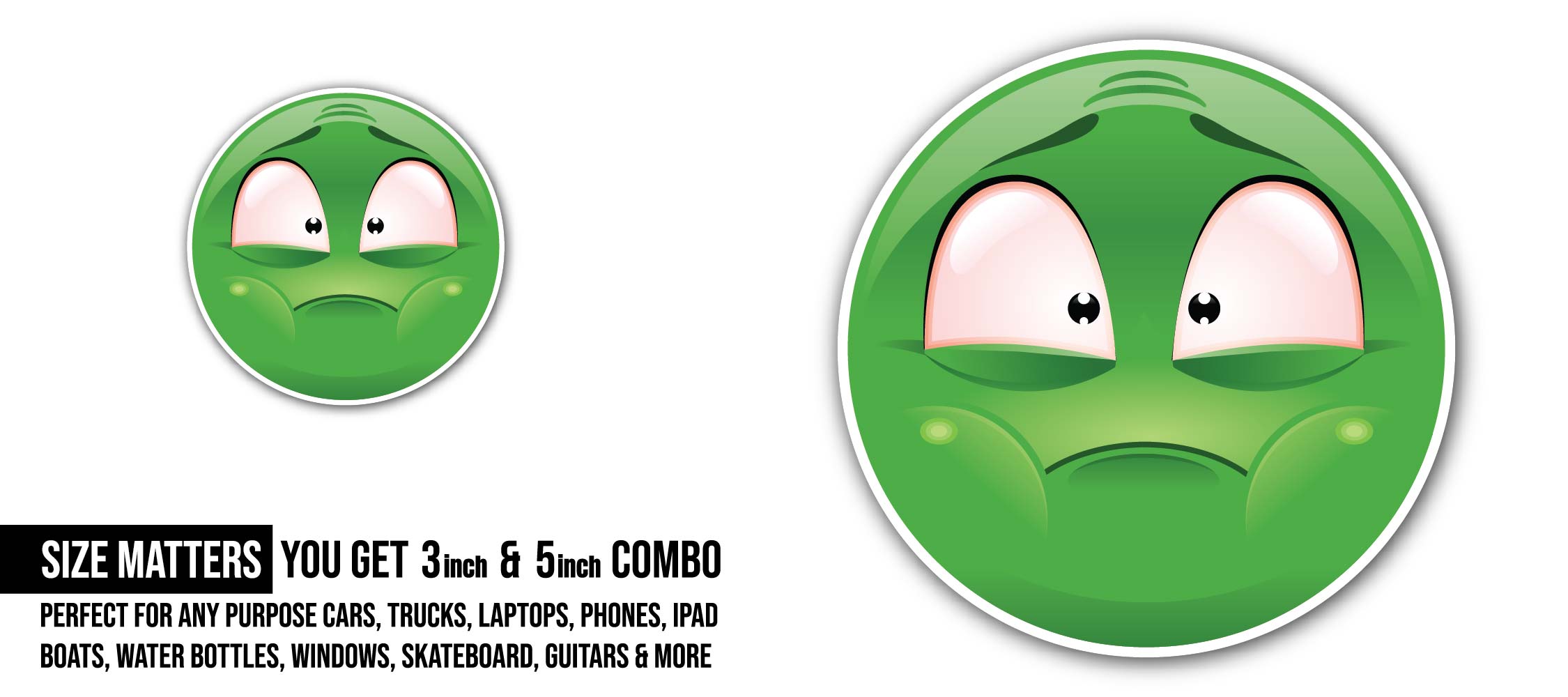 Nauseated Emoji Face Sticker, Waterproof Vinyl Decal Sticker Indoor Or Outdoor 2 (Pieces) 3" and 5"