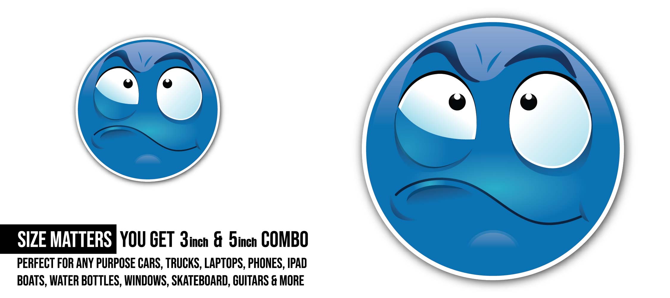 Skeptical Smirk emoji Sticker, Waterproof Vinyl Decal Sticker Indoor Or Outdoor 2 (Pieces) 3" and 5"