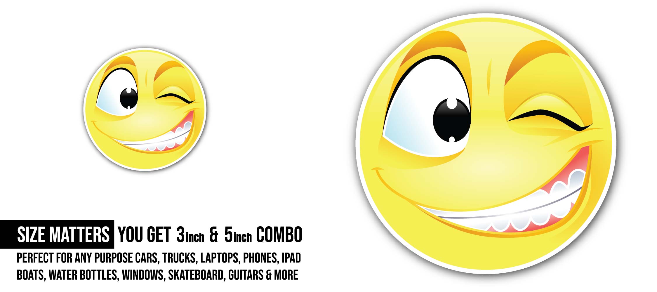 winking smiley face Sticker, Waterproof Vinyl Decal Sticker Indoor Or Outdoor 2 (Pieces) 3" and 5"