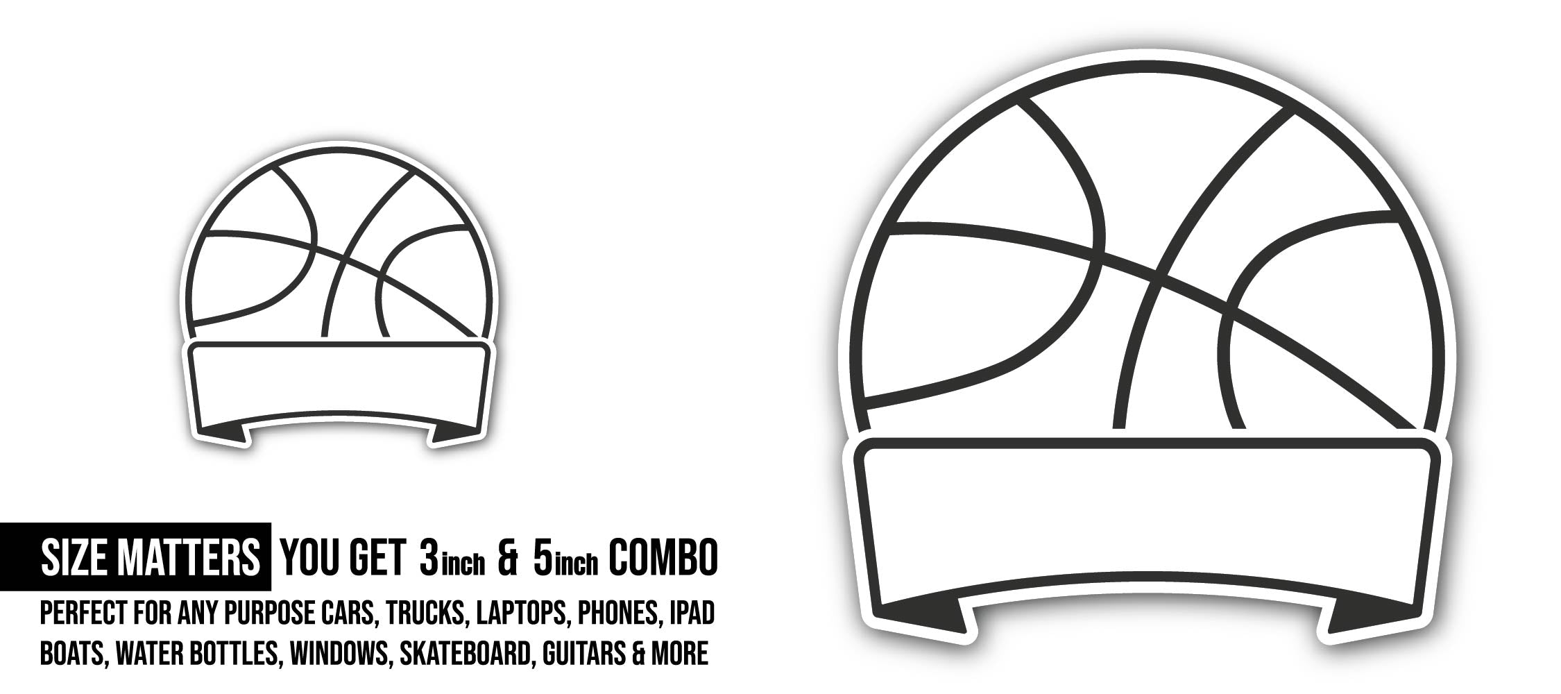 Outline of basketball Sticker, Waterproof Vinyl Decal Sticker Indoor Or Outdoor 2 (Pieces) 3" and 5"