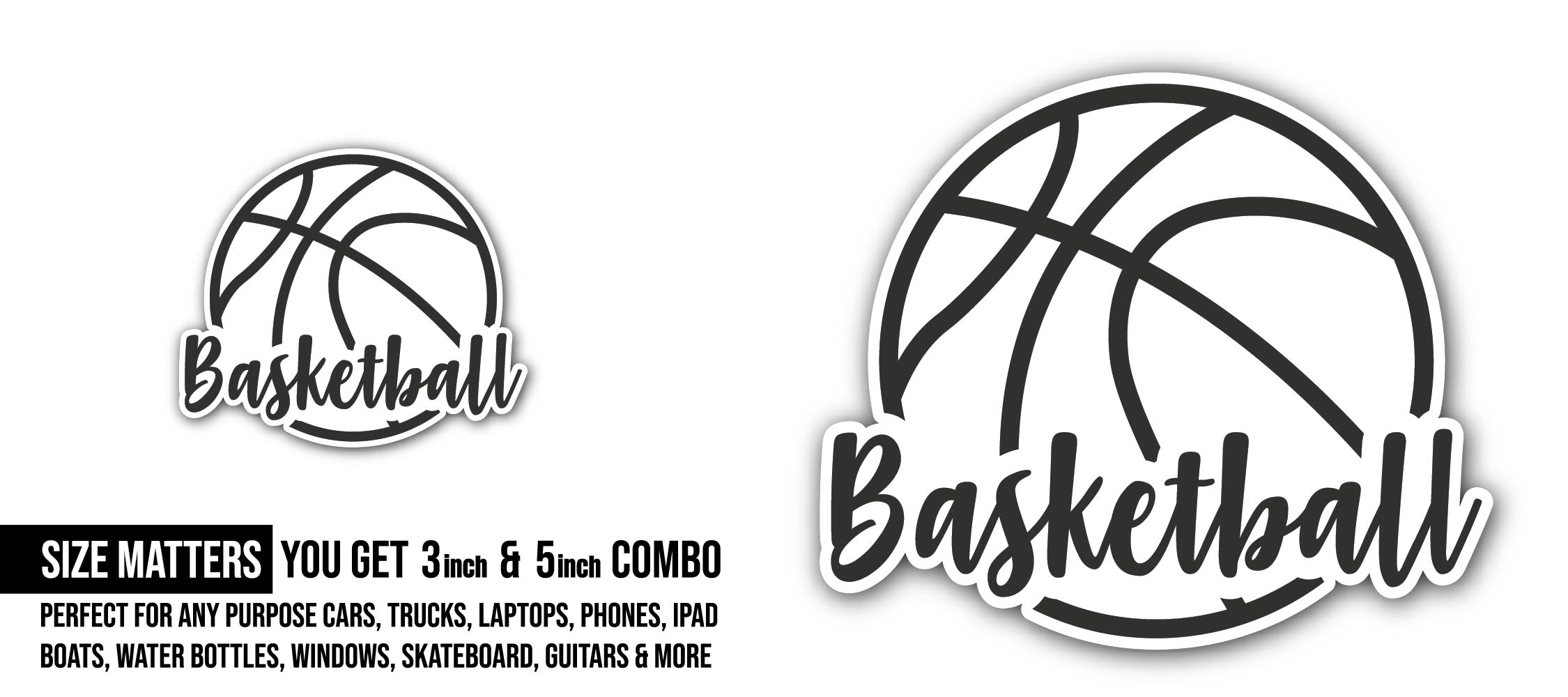 Basketball Sticker, Waterproof Vinyl Decal Sticker Indoor Or Outdoor 2 (Pieces) 3" and 5"