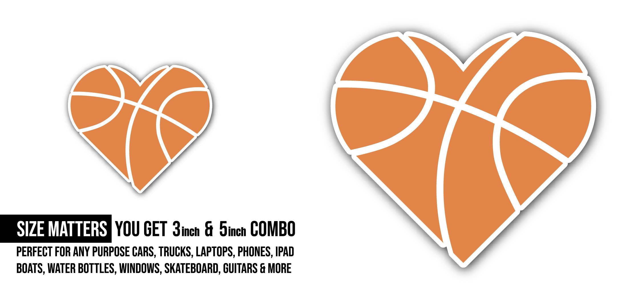 Basketball Love, Heart Sticker, Waterproof Vinyl Decal Sticker Indoor Or Outdoor 2 (Pieces) 3" and 5"