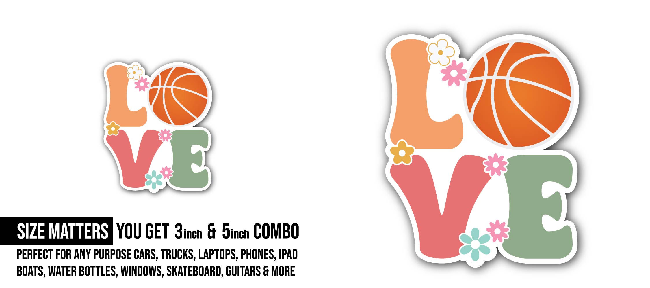 Basketball Love Vector Art Sticker, Waterproof Vinyl Decal Sticker Indoor Or Outdoor 2 (Pieces) 3" and 5"