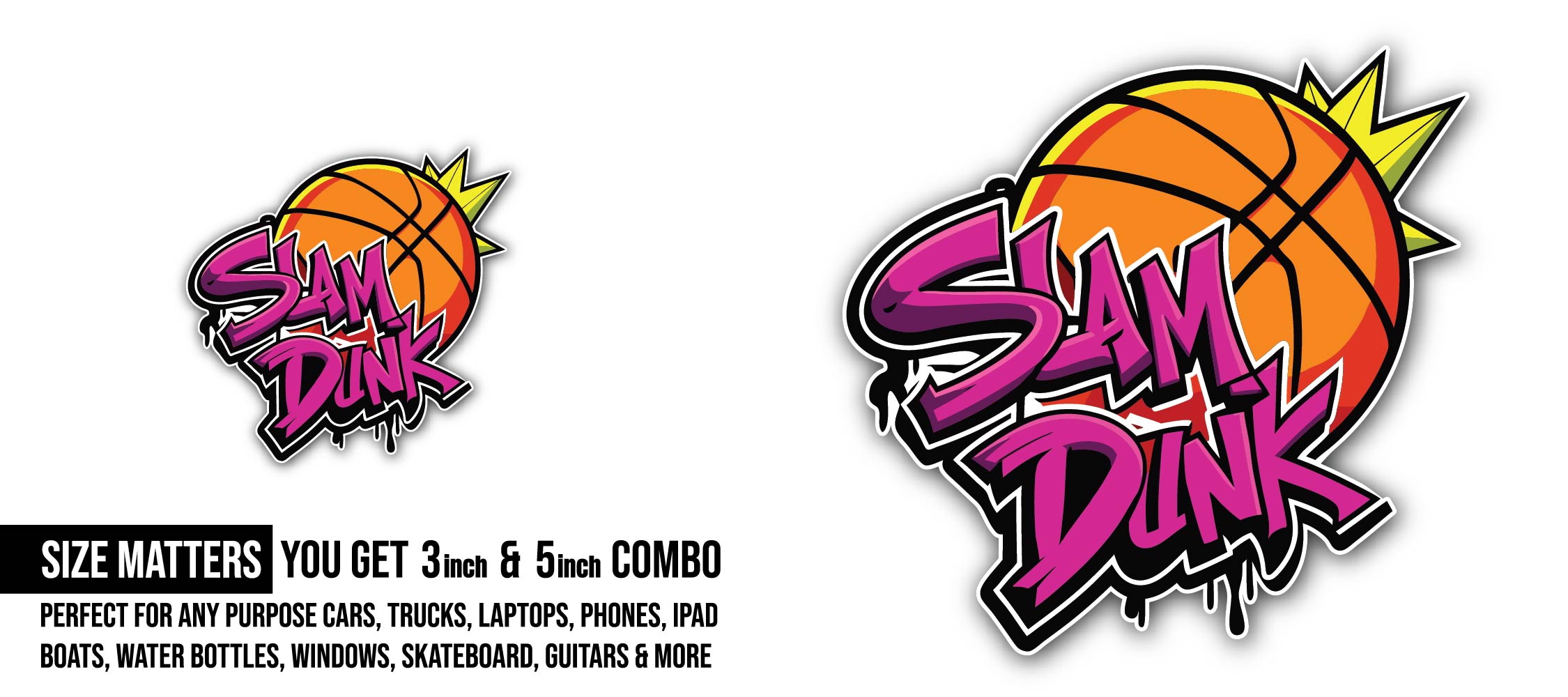 Basketball Slam Dunk Sticker, Waterproof Vinyl Decal Sticker Indoor Or Outdoor 2 (Pieces) 3" and 5"