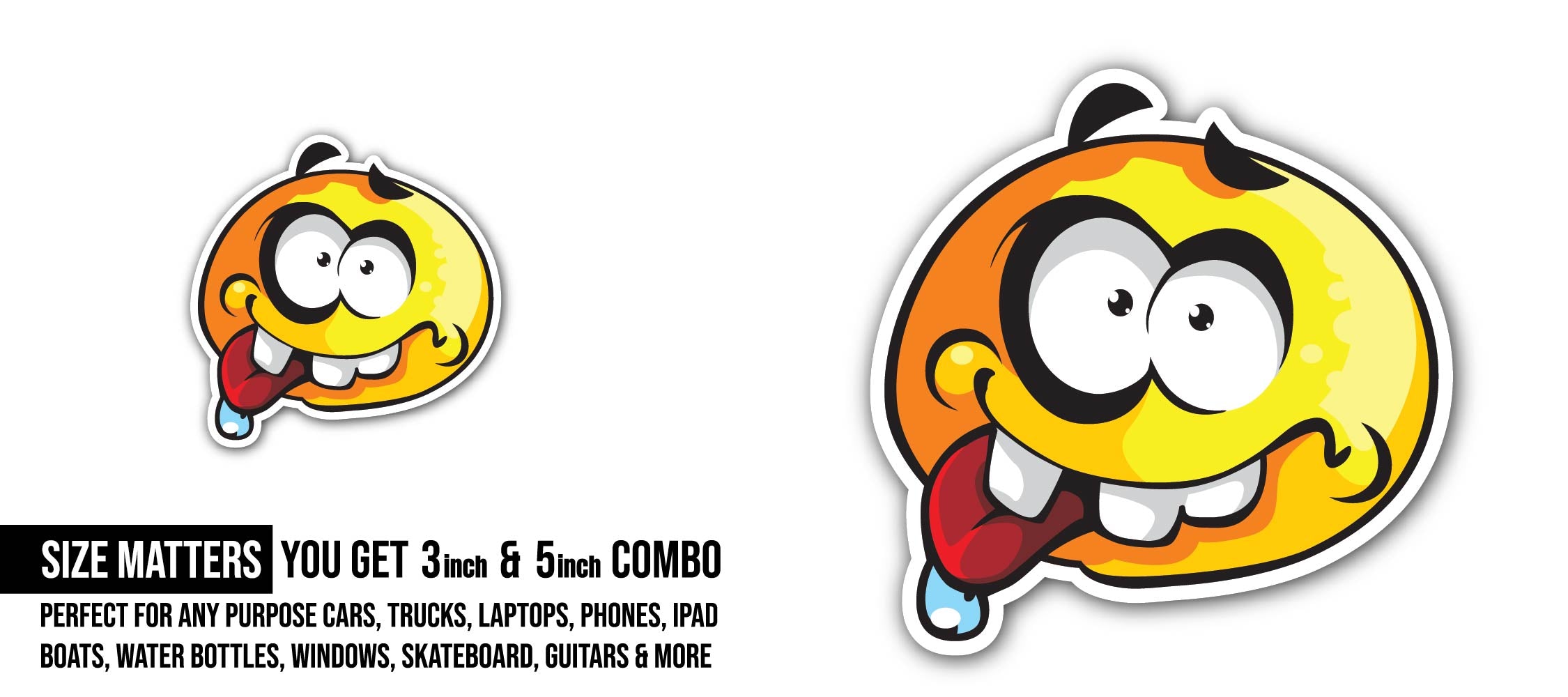Wacky Smiley Sticker, Waterproof Vinyl Decal Sticker Indoor Or Outdoor 2 (Pieces) 3" and 5"