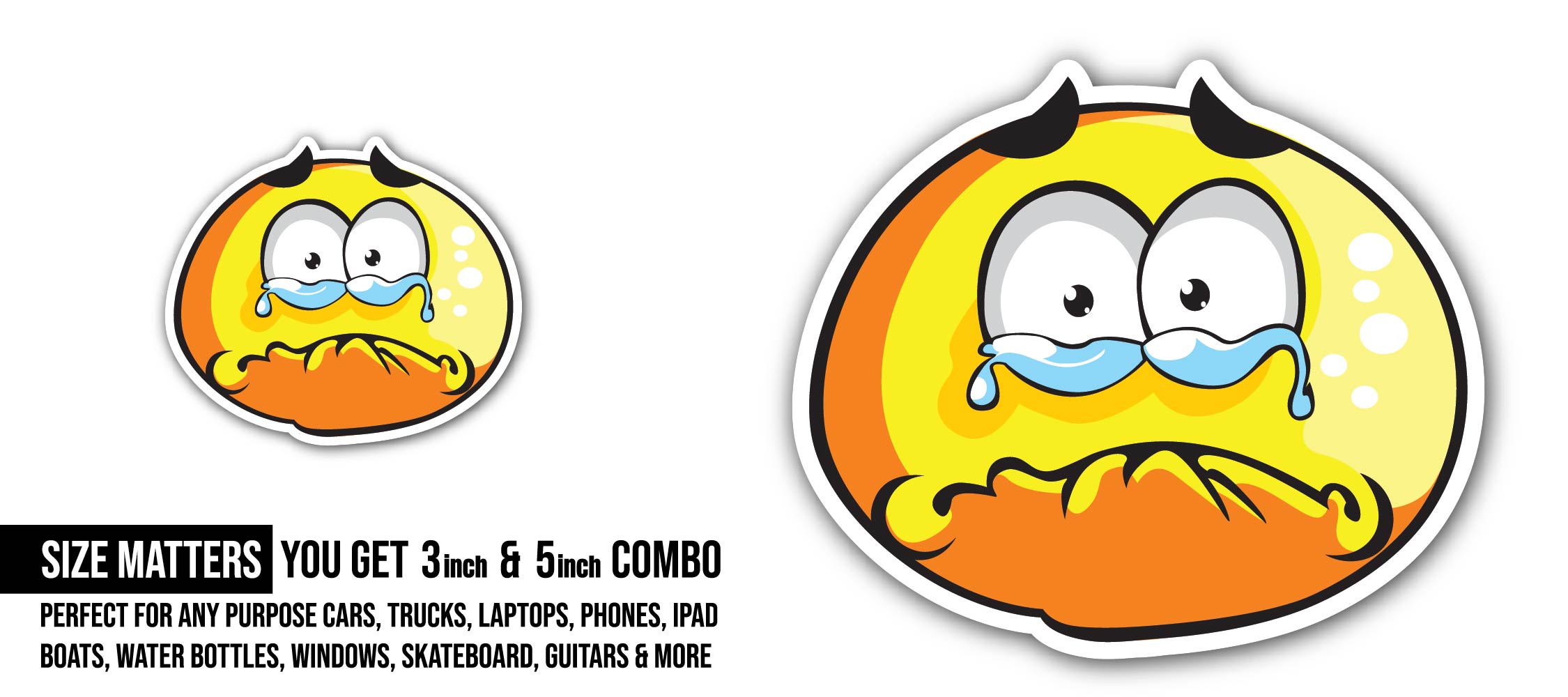Crying emoji Sticker, Waterproof Vinyl Decal Sticker Indoor Or Outdoor 2 (Pieces) 3" and 5"