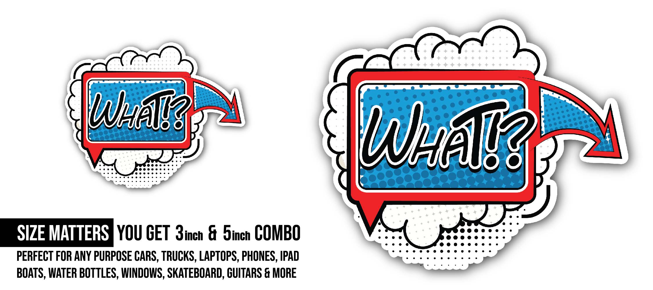 What? Comic Bubble Sticker, Waterproof Vinyl Decal Sticker Indoor Or Outdoor 2 (Pieces) 3" and 5"