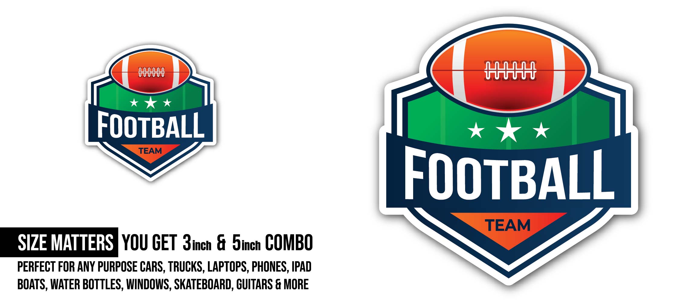 American football sport emblem logo Sticker, Waterproof Vinyl Decal Sticker Indoor Or Outdoor 2 (Pieces) 3" and 5"