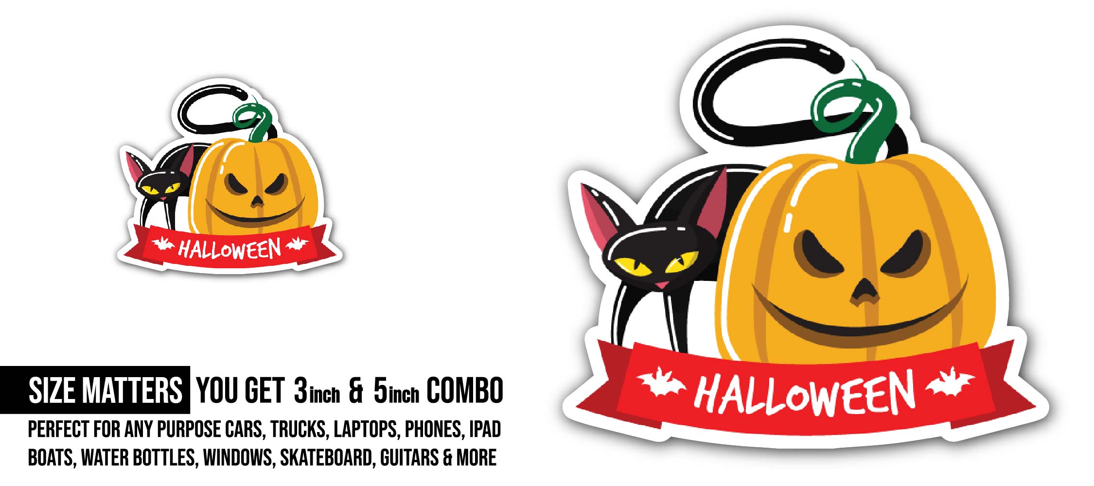 Halloween Cat and Pumpkin Sticker, Waterproof Vinyl Decal Sticker Indoor Or Outdoor 2 (Pieces) 3" and 5"