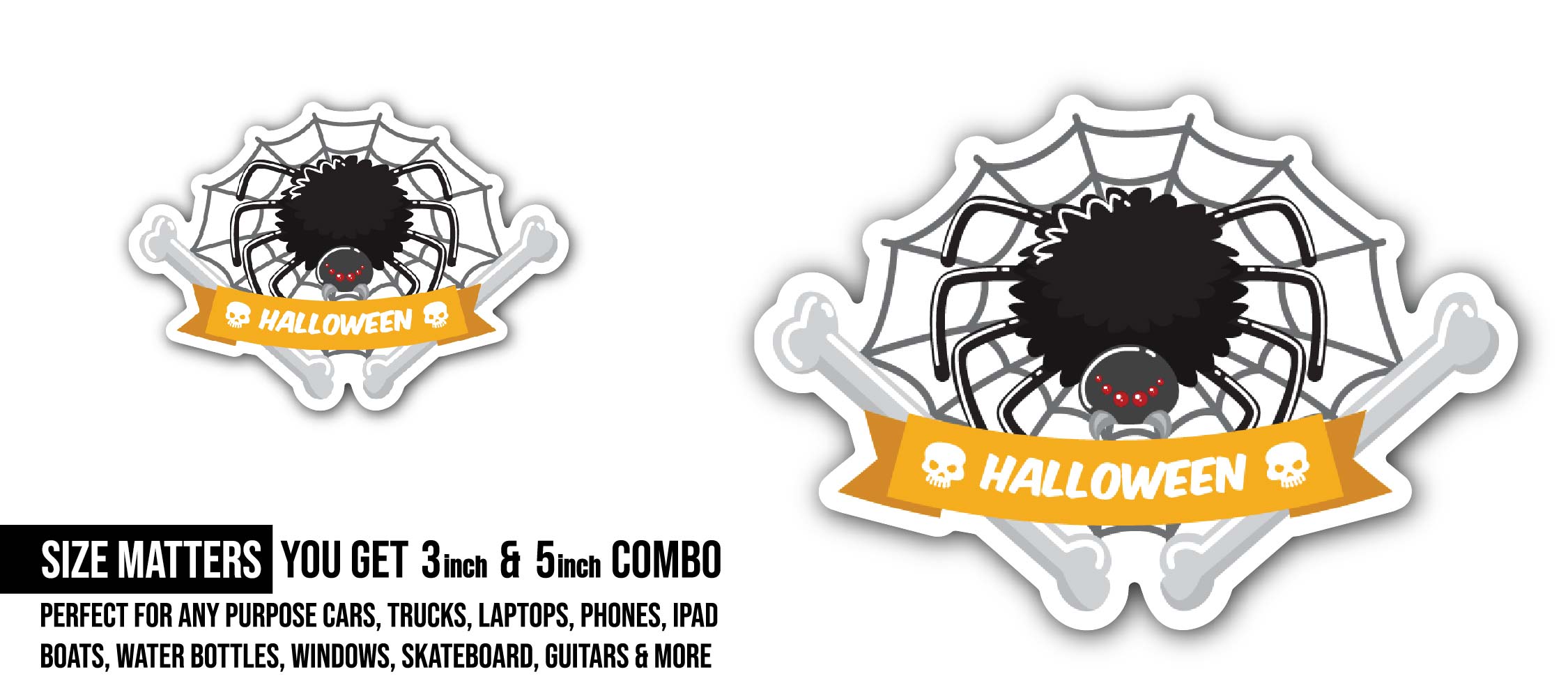Halloween Spider Sticker, Waterproof Vinyl Decal Sticker Indoor Or Outdoor 2 (Pieces) 3" and 5"