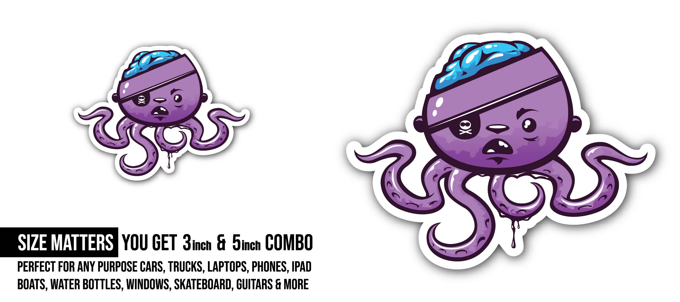 Brain Polyp Pirate Sticker, Waterproof Vinyl Decal Sticker Indoor Or Outdoor 2 (Pieces) 3" and 5"