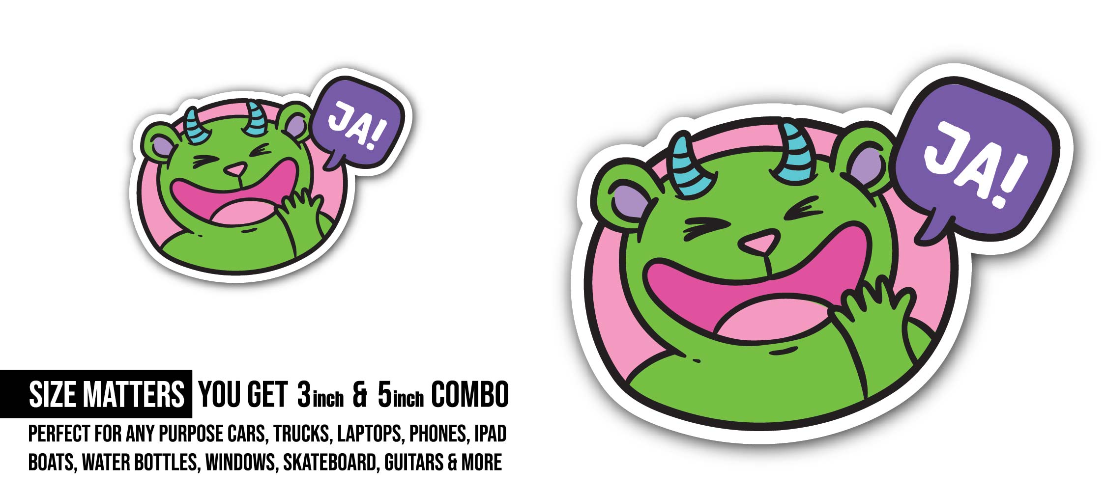 Green Cartoon Monster Sticker, Waterproof Vinyl Decal Sticker Indoor Or Outdoor 2 (Pieces) 3" and 5"