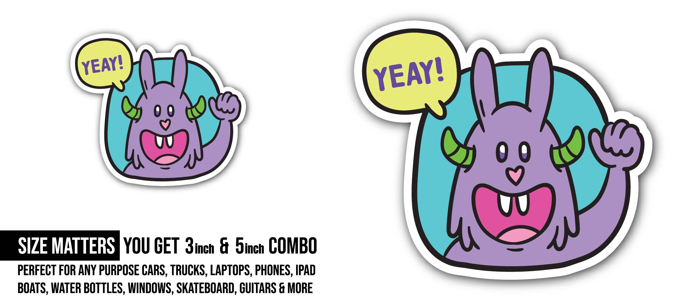 YEAY! Cartoon Monster Sticker, Waterproof Vinyl Decal Sticker Indoor Or Outdoor 2 (Pieces) 3" and 5"
