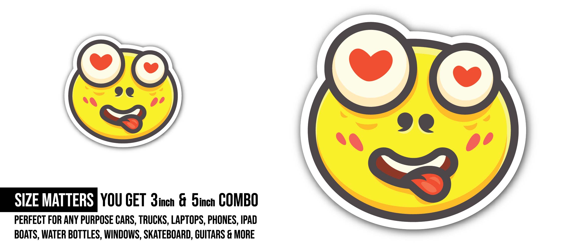 Heart Eyes Emoji Sticker, Waterproof Vinyl Decal Sticker Indoor Or Outdoor 2 (Pieces) 3" and 5"