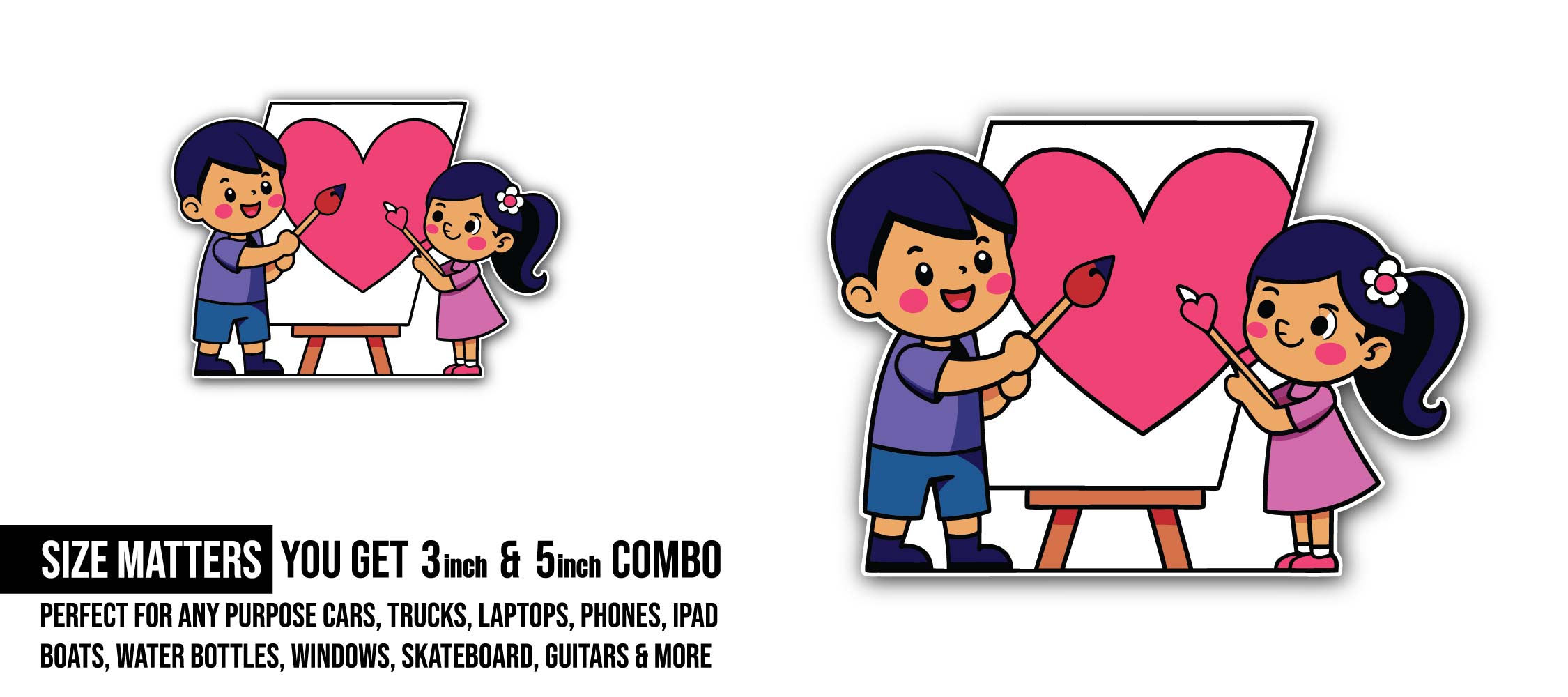 Kids Painting Heart Sticker, Waterproof Vinyl Decal Sticker Indoor Or Outdoor 2 (Pieces) 3" and 5"