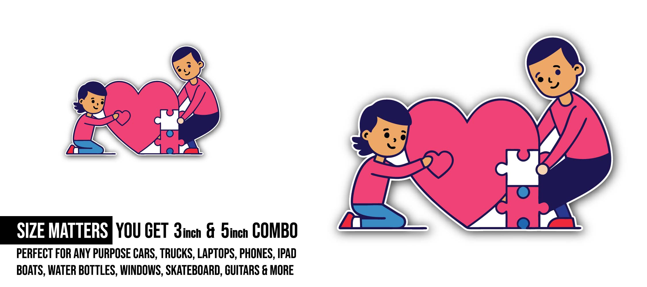 Family Heart Sticker, Waterproof Vinyl Decal Sticker Indoor Or Outdoor 2 (Pieces) 3" and 5"