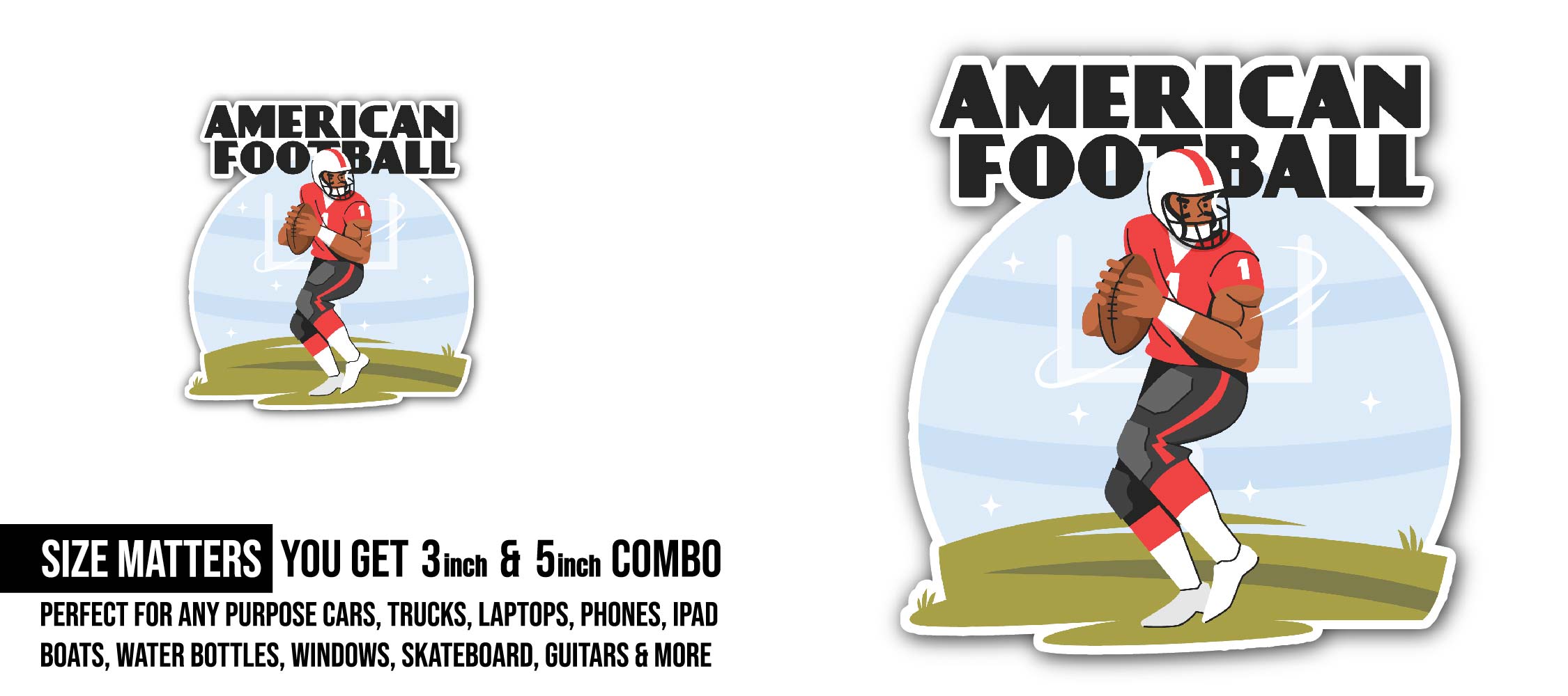 American Football Player Sticker, Waterproof Vinyl Decal Sticker Indoor Or Outdoor 2 (Pieces) 3" and 5"
